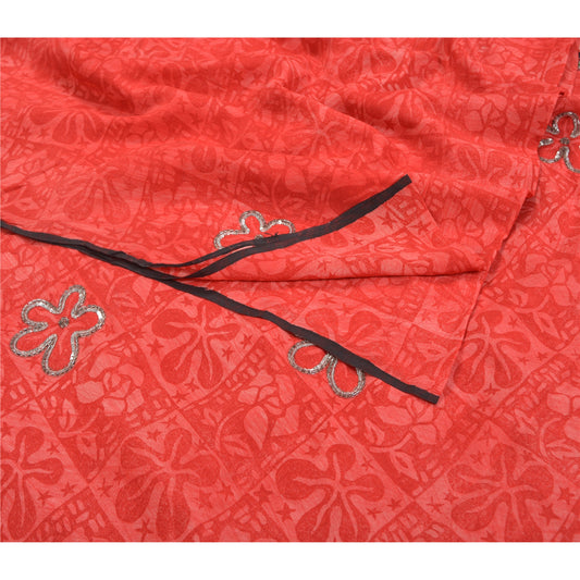 Sanskriti Vintage Red Sarees Pure Crepe Silk Printed Sari Soft 5Yd Craft Sustainable Fabric