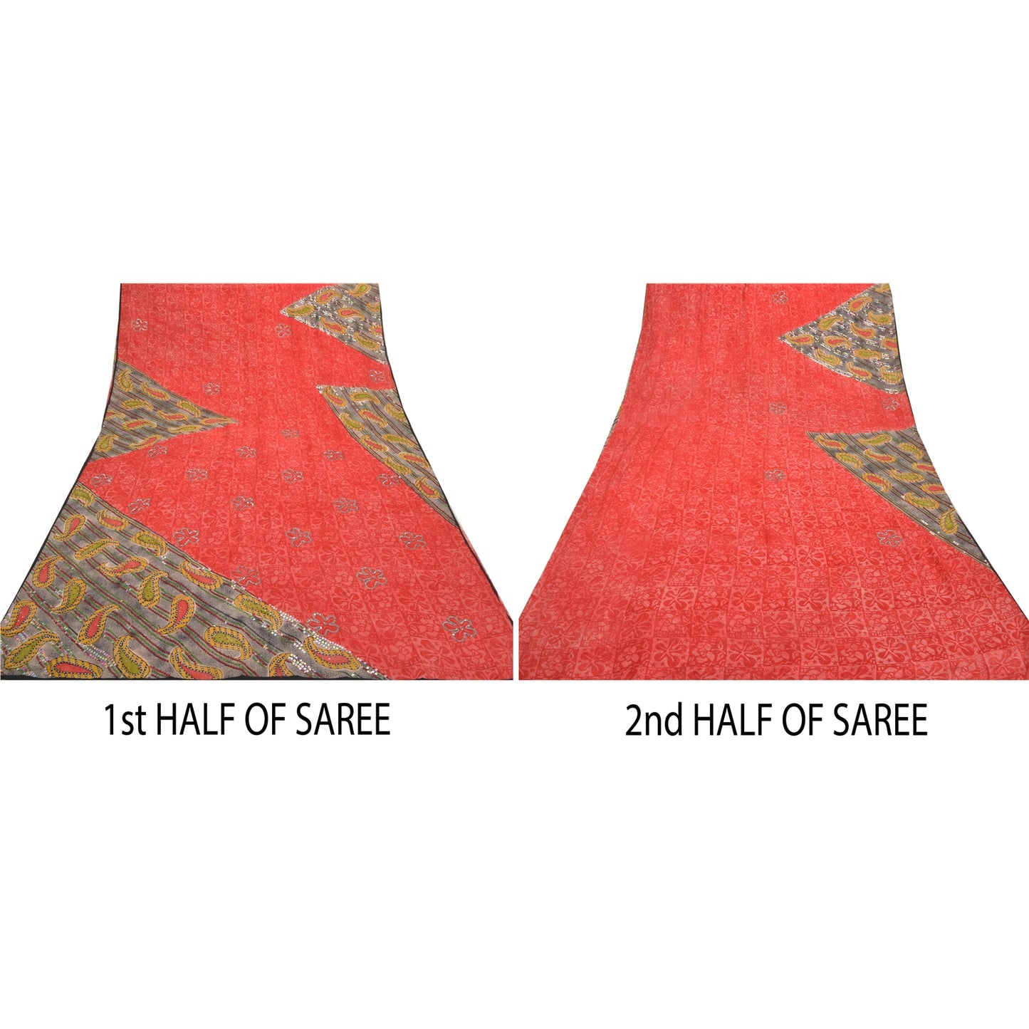 Sanskriti Vintage Red Sarees Pure Crepe Silk Printed Sari Soft 5Yd Craft Sustainable Fabric