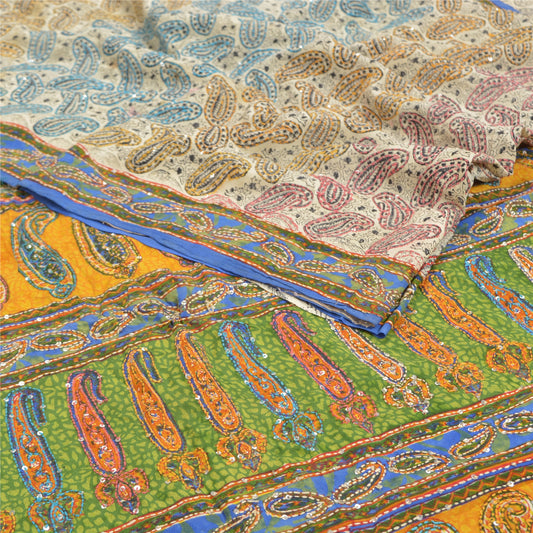 Sanskriti Vintage Sarees Pure Crepe Silk Printed Handmade Kantha Sari 5YD Sustainable Fabric