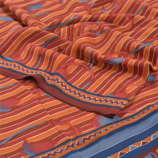 Sanskriti Vintage Orange Indian Sarees Pure Crepe Silk Printed Sari Craft Sustainable Fabric