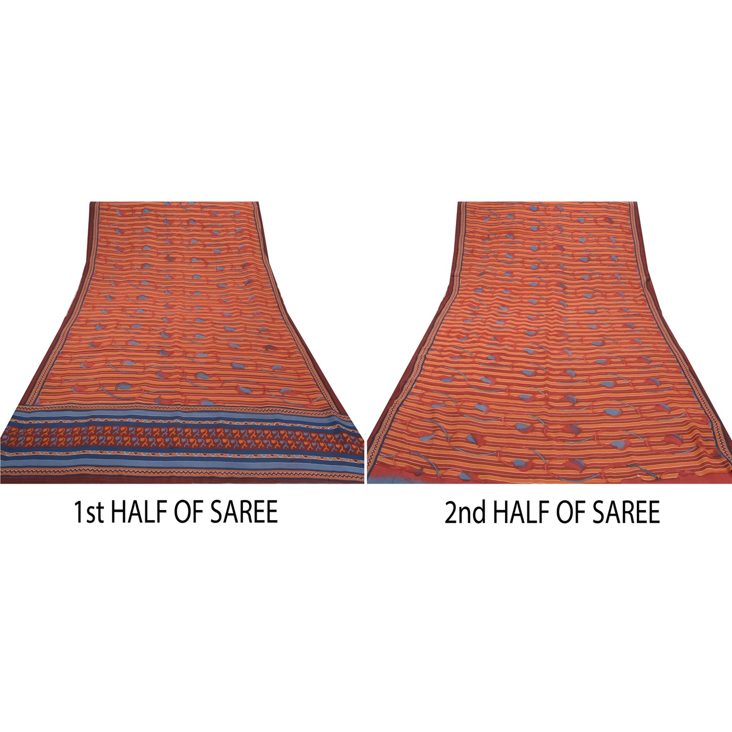 Sanskriti Vintage Orange Indiske Sarier Ren Crepe Silke Trykt Sari Håndværk Bæredygtigt Stoff