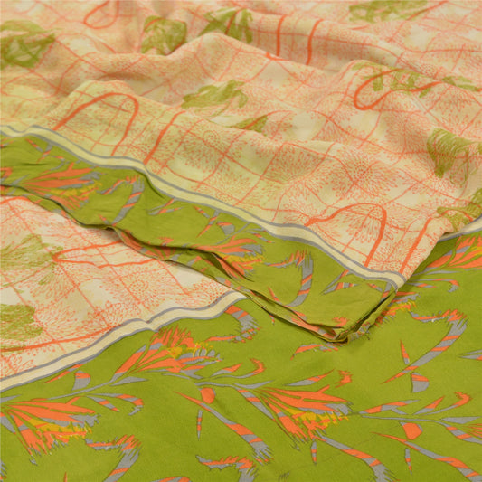 Sanskriti Vintage Orange Sarees 100% Pure Crepe Silk Printed Sari Craft Sustainable Fabric