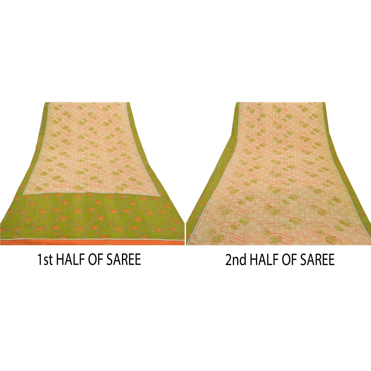 Sanskriti Vintage Orange Sarier 100% Ren Crepe Silke Trykt Sari Håndværksmæssigt Bæredygtigt Stoff