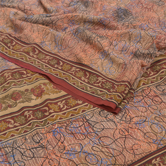 Sanskriti Vintage Dark Red Sarees 100% Pure Crepe Silk Printed Sari Craft Sustainable Fabric