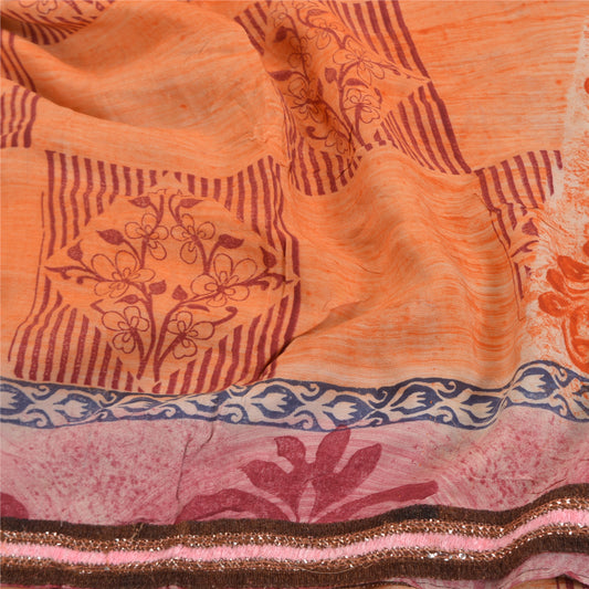 Sanskriti Vintage Peach Sarees 100% Pure Crepe Silk Printed Sari Craft Sustainable Fabric