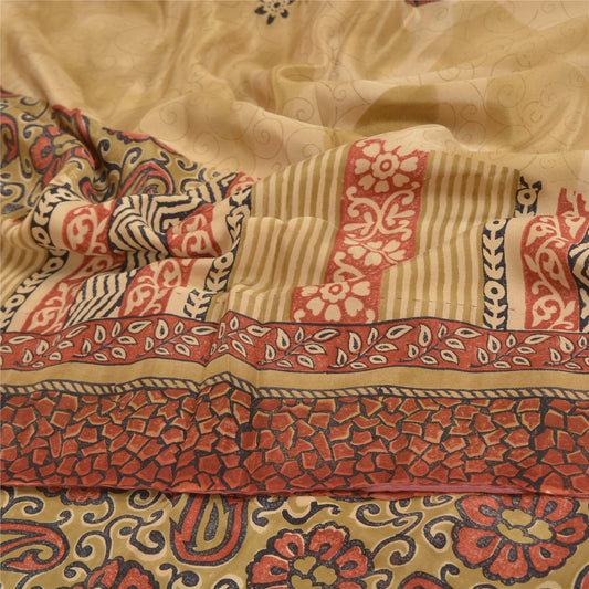 Sanskriti Vintage Beige Indian Sarees Pure Crepe Silk Printed Sari Craft Sustainable Fabric
