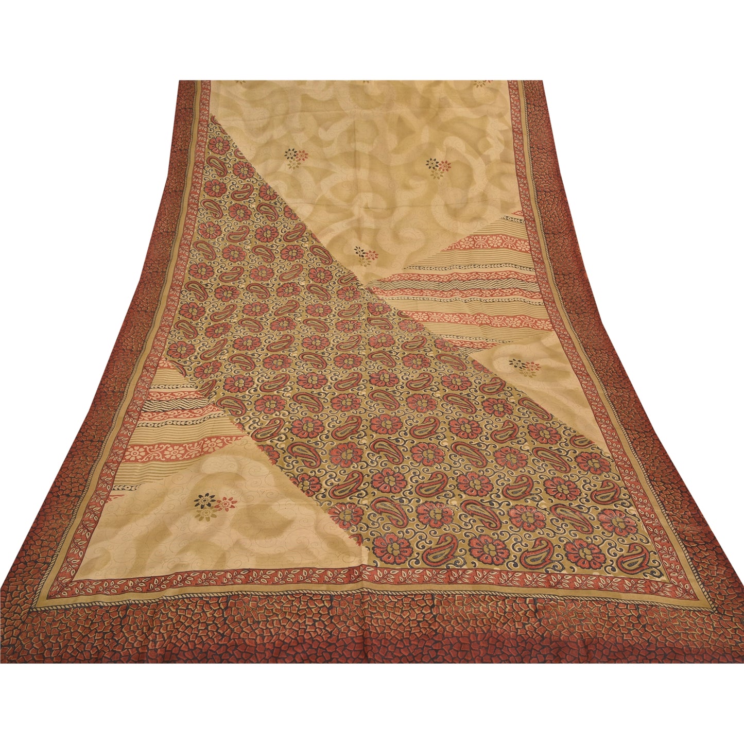 Sanskriti Vintage Beige Indian Sarees Pure Crepe Silk Printed Sari Craft Sustainable Fabric