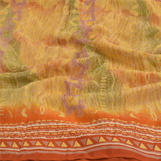 Sanskriti Vintage Mustard Sarees Pure Crepe Silk Printed Sari Craft Sustainable Fabric