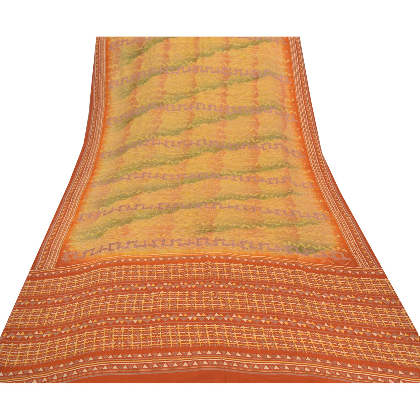 Sanskriti Vintage Mustard Sarees Pure Crepe Silk Printed Sari Craft Sustainable Fabric