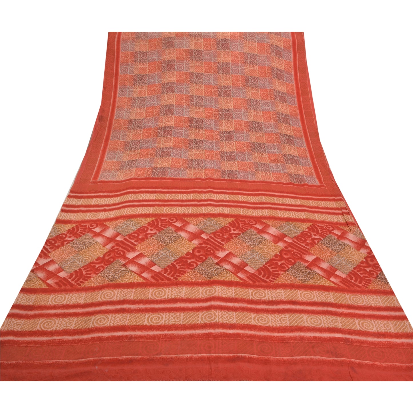 Sanskriti Vintage Red Sarees Pure Crepe Silk Printed Sari 5 YARD Craft Sustainable Fabric