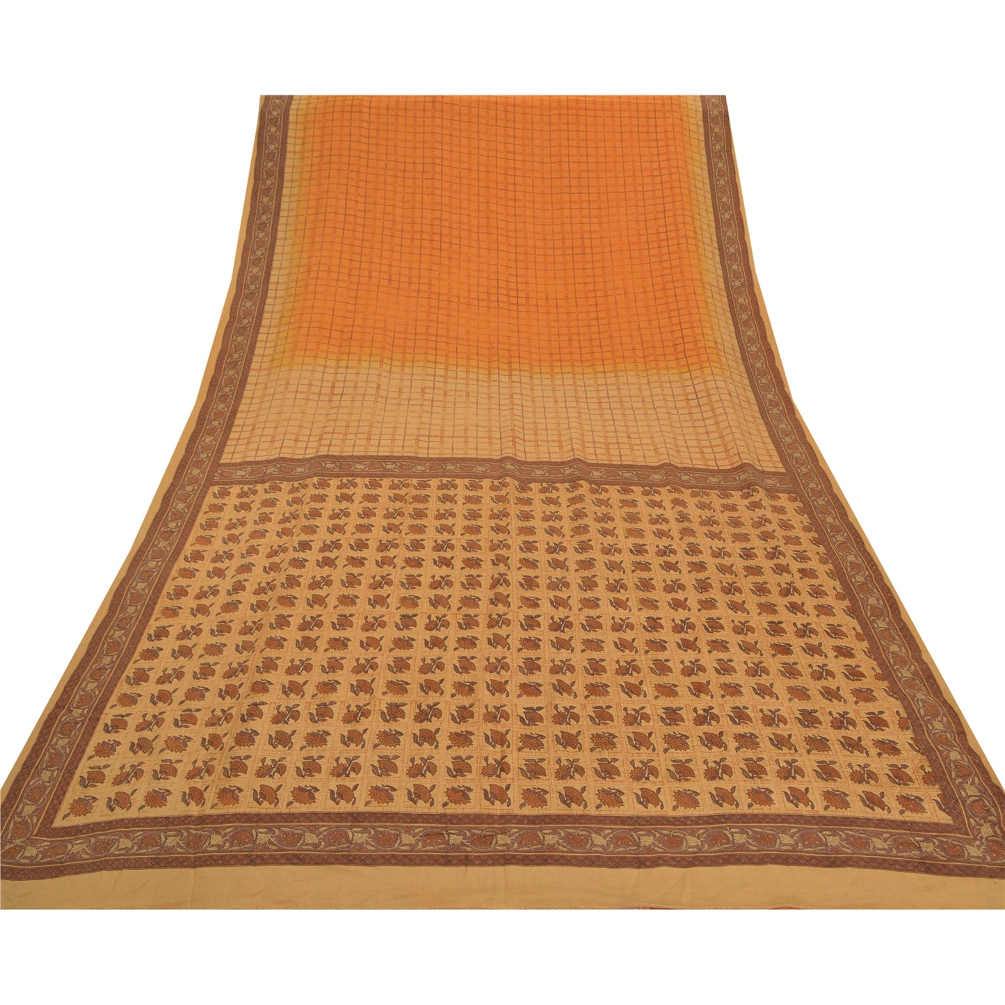 Sanskriti Vintage Peach Indian Sarees Pure Crepe Silk Printed Sari Craft Sustainable Fabric
