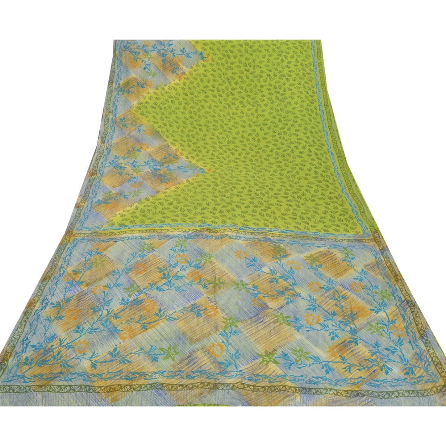 Sanskriti Vintage Sarees Pure Crepe Silk Green Printed Sari 5 YARD Craft Sustainable Fabric