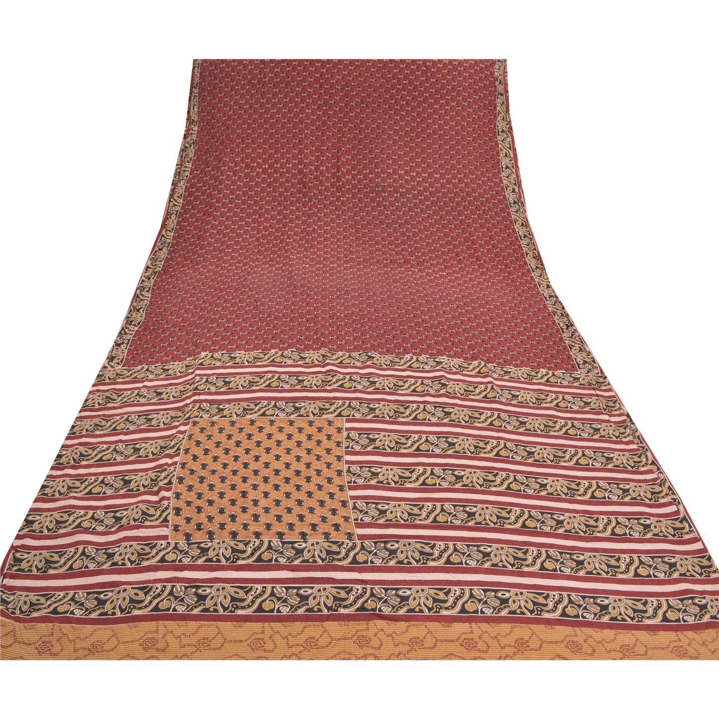 Sanskriti Vintage Dark Red Sarees 100% Pure Crepe Silk Printed Sari Craft Sustainable Fabric