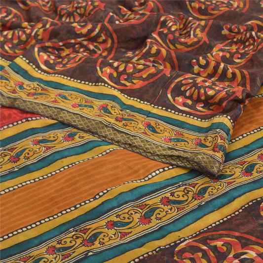 Sanskriti Vintage Black Indian Sarees Pure Crepe Silk Printed Sari Craft Sustainable Fabric