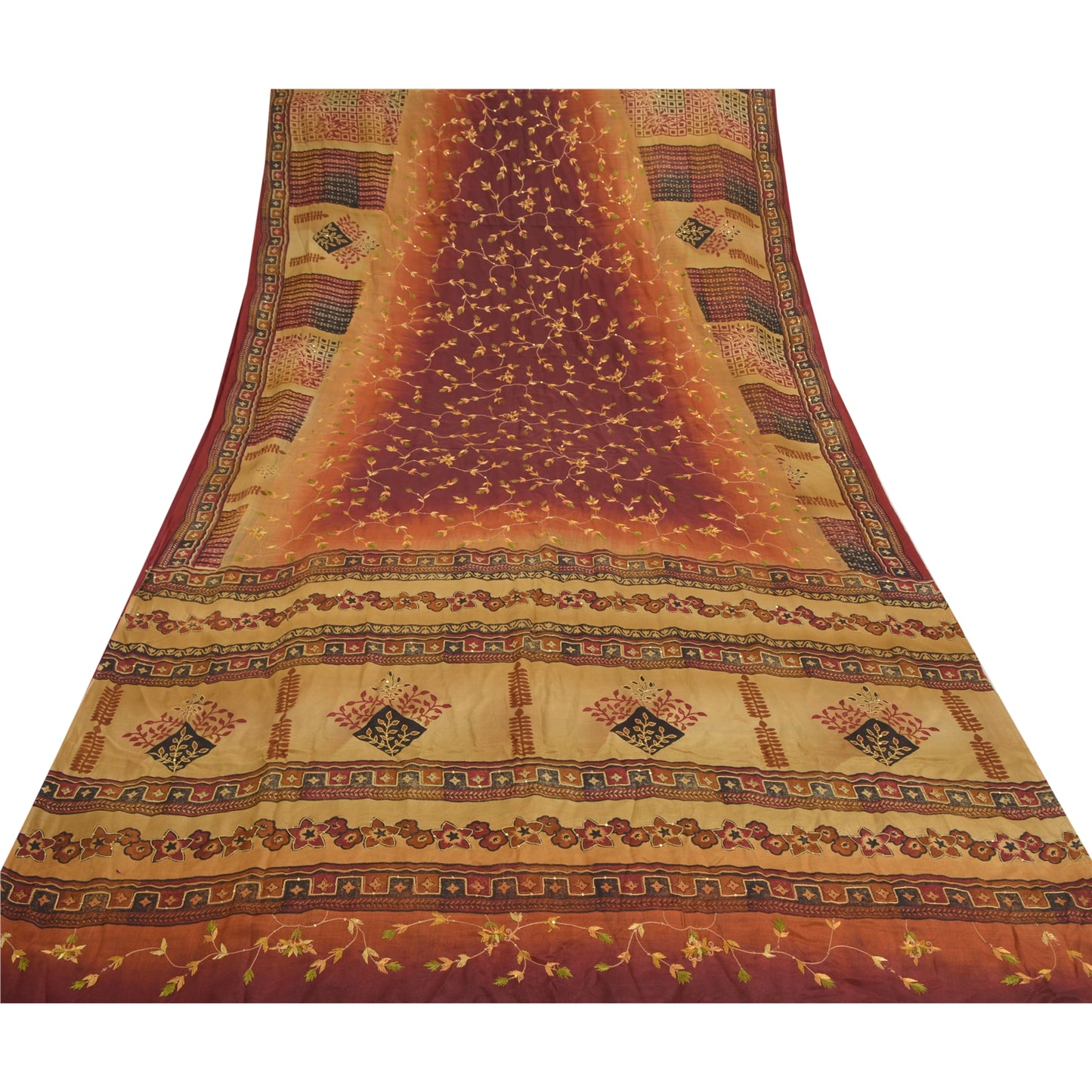 Sanskriti Vintage Suzani Hand Made Sarees Pure Crepe Silk Printed Sari Sustainable Fabric