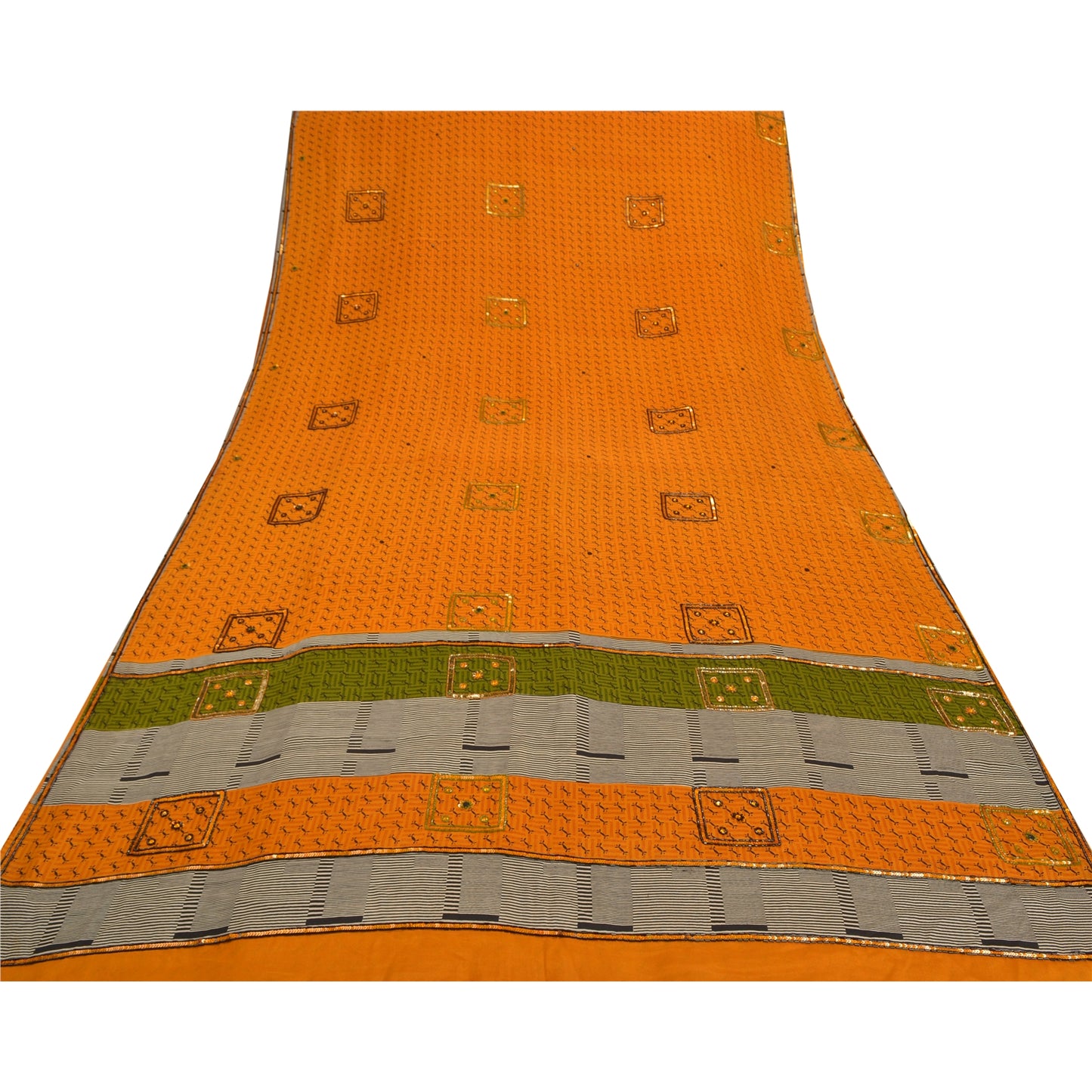 Sanskriti Vintage Gule Sarier Ren Crepe Silke Trykt Håndperlet Sari Bæredygtigt Stof