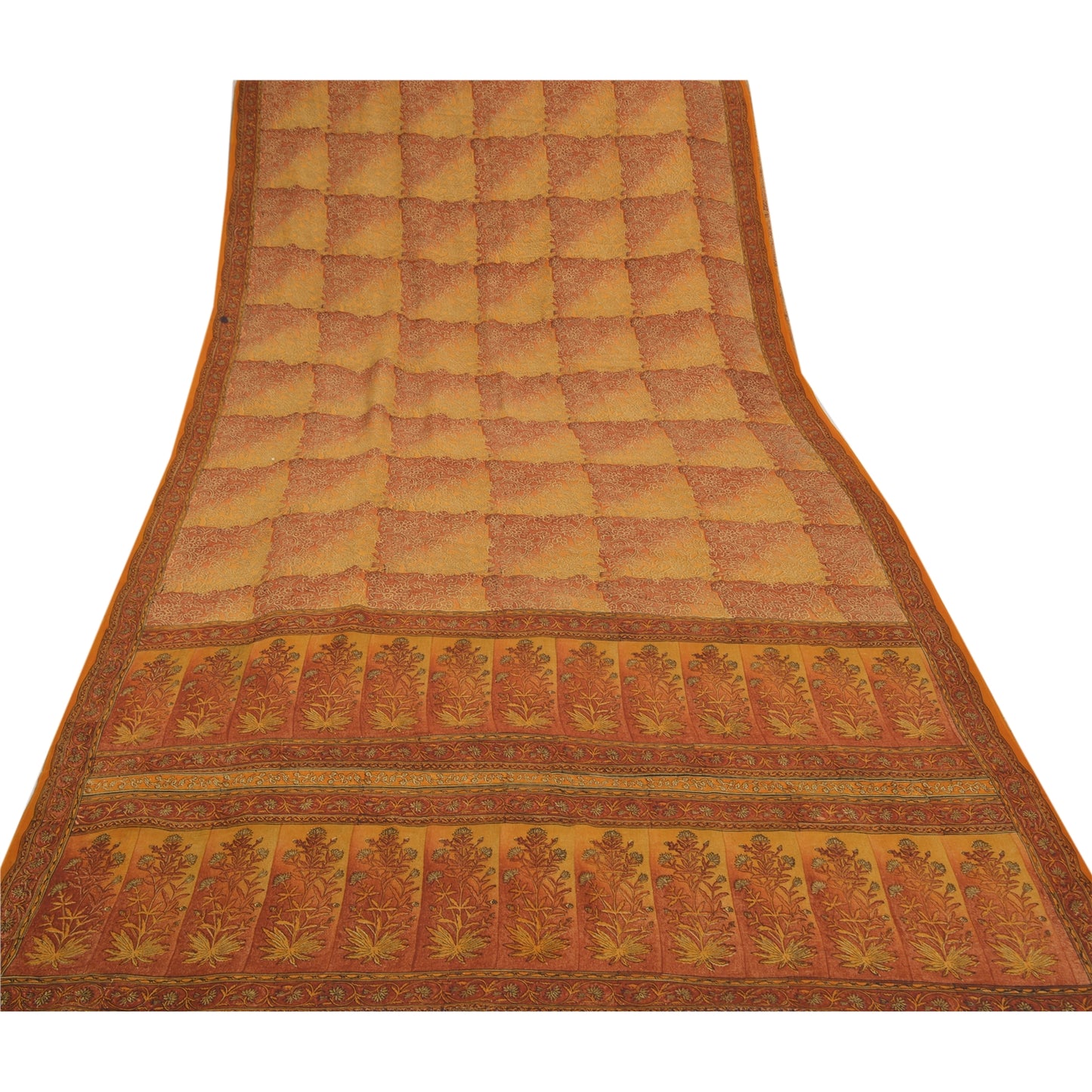 Sanskriti Vintage Brown Sarees Pure Crepe Silk Printed Sari 5 YARD Craft Sustainable Fabric