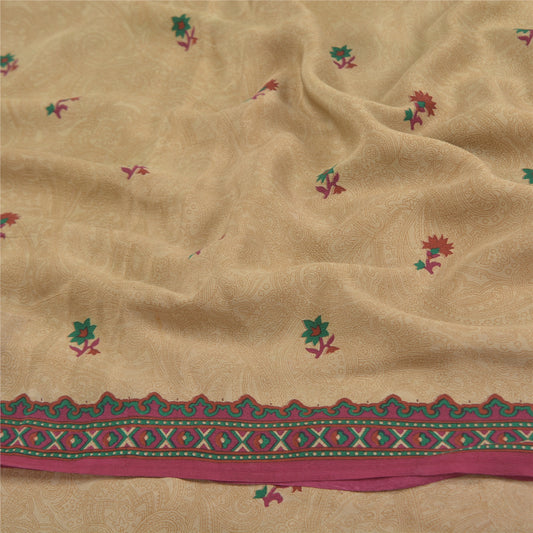 Sanskriti Vintage Beige Sarees 100% Pure Crepe Silk Printed Sustainable Fabric Craft Sari