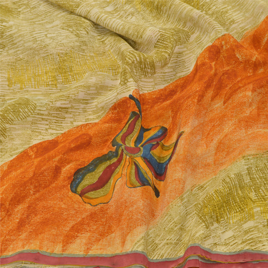 Sanskriti Vintage Cream Sarees 100% Pure Crepe Silk Printed Sustainable Fabric Craft Sari