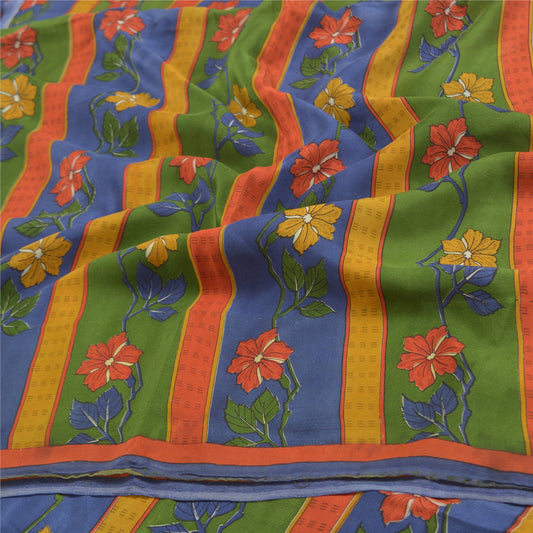 Sanskriti Vintage Blue Sarees Pure Cerpe Silk Printed Sari Craft Sewing Sustainable Fabric