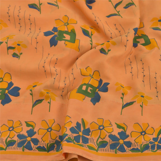 Sanskriti Vintage Peach Indian Sarees Pure Crepe Silk Printed Sari Craft Sustainable Fabric