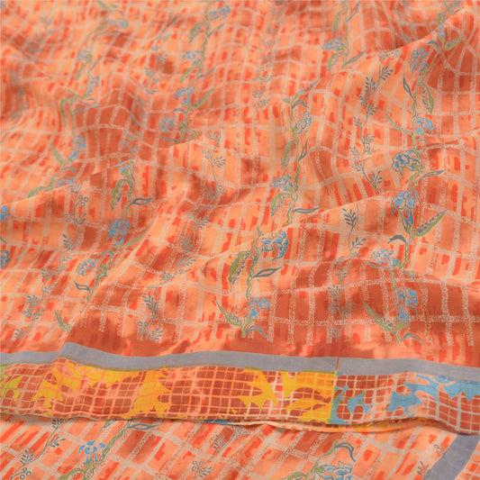 Sanskriti Vintage Orange Sarees 100% Pure Crepe Silk Printed Sari Craft Sustainable Fabric
