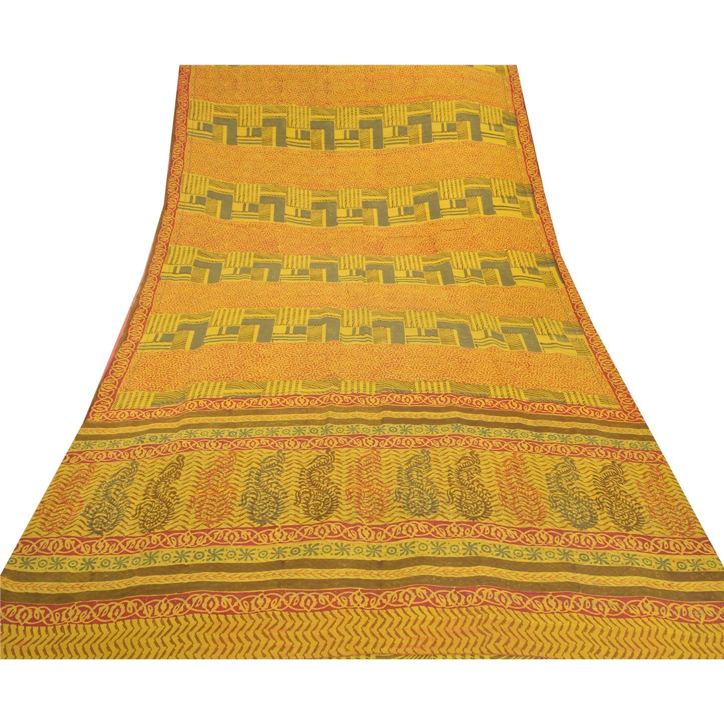 Sanskriti Vintage Green Sarees 100% Pure Crepe Silk Printed Sari Craft Sustainable Fabric