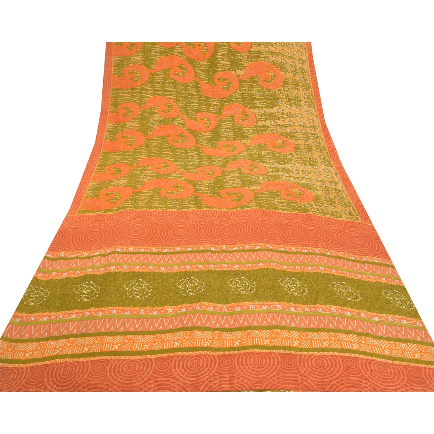 Sanskriti Vintage Green Indian Sarees Pure Crepe Silk Printed Sari Craft Sustainable Fabric
