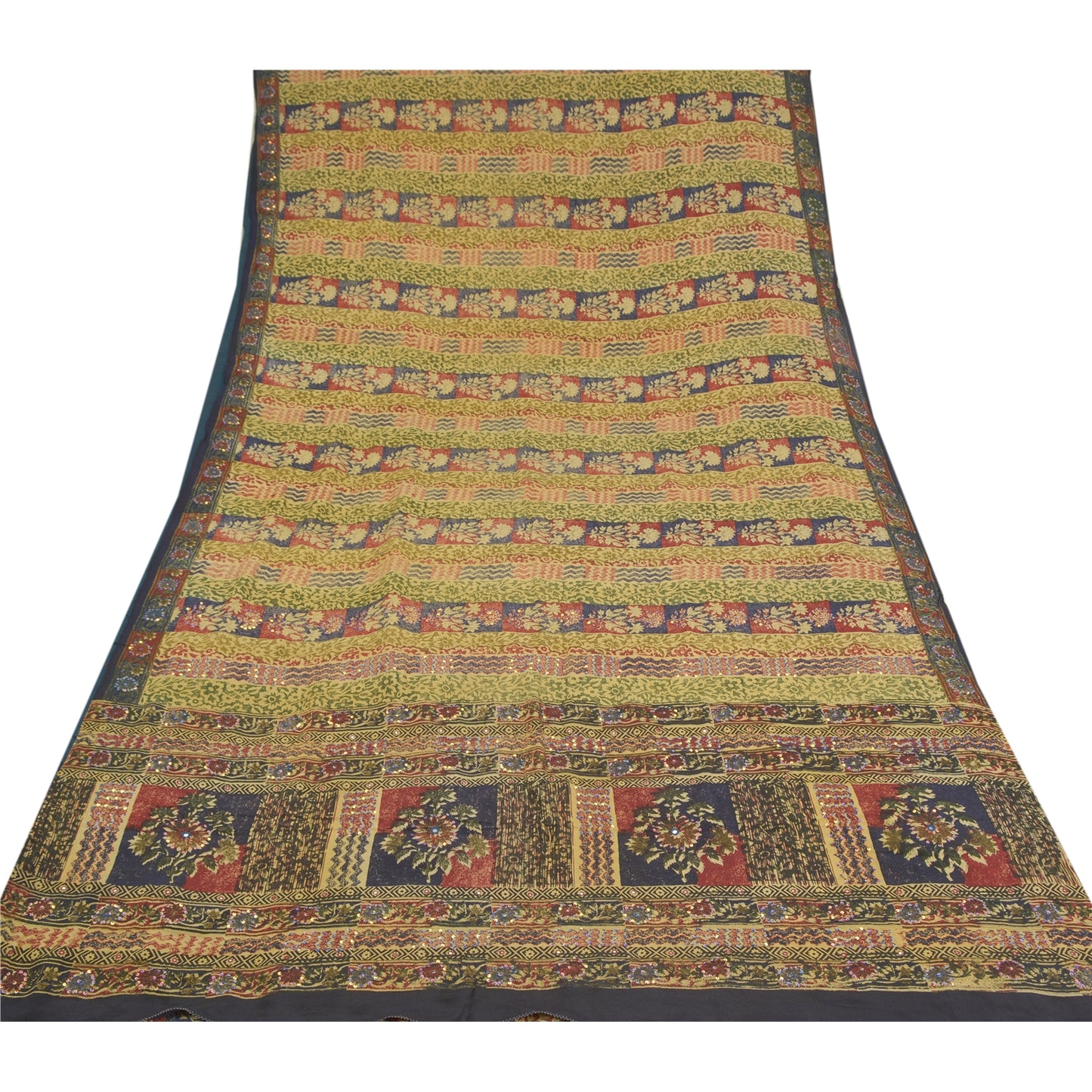 Sanskriti Vintage Sarees Pure Crepe Silk Printed Hand Beaded Sari Craft Sustainable Fabric