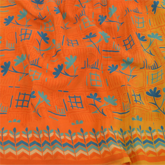 Sanskriti Vintage Yellow Sarees 100% Pure Crepe Silk Printed Sari Craft Sustainable Fabric