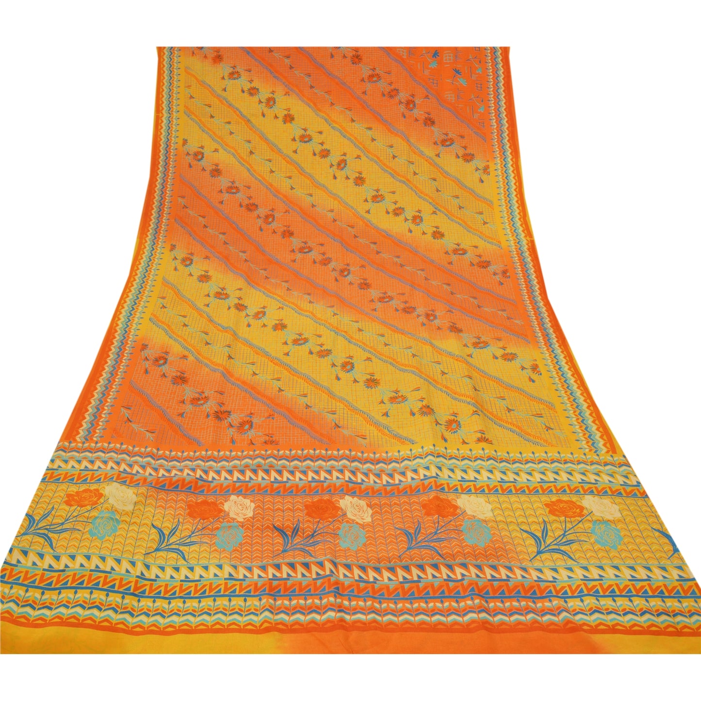 Sanskriti Vintage Gule Sarier 100% Ren Crepe Silke Trykt Sari Håndværksmæssigt Bæredygtigt Stoff