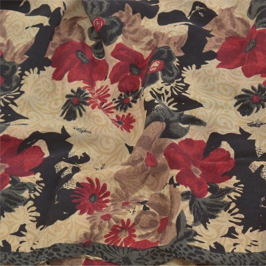 Sanskriti Vintage Sarees Cream Pure Crepe Silk Floral Printed Sari Craft Sustainable Fabric