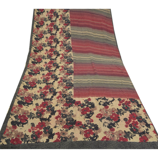 Sanskriti Vintage Sarees Cream Pure Crepe Silk Floral Printed Sari Craft Sustainable Fabric