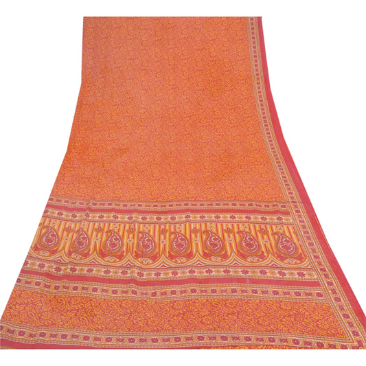Sanskriti Vintage Decor Sari Crepe Red Indian Sarees Printed Floral Craft 5 Yd Fabric Indian Heritage Textile Craft Supplies Material