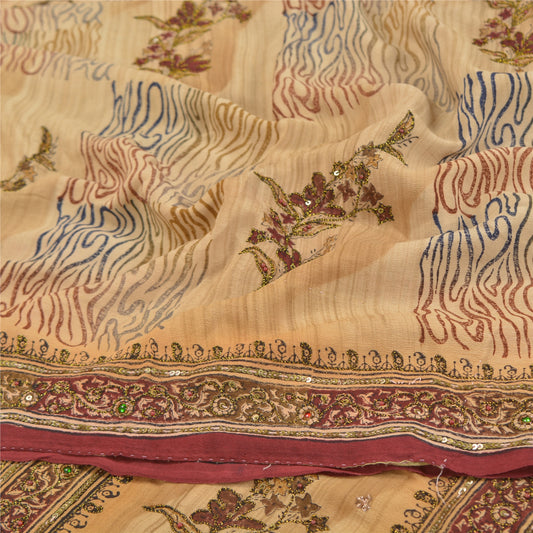 Sanskriti Vintage Beige Sarees Pure Crepe Silk Printed Sari Craft Sustainable Fabric