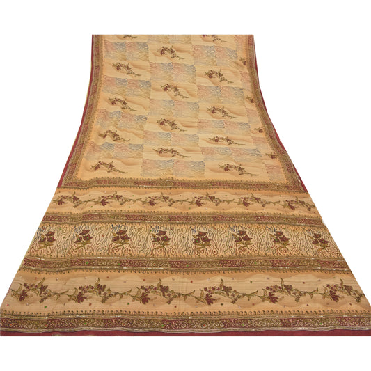 Sanskriti Vintage Beige Sarier Ren Crepe Silke Trykt Sari Håndværk Bæredygtigt Stof