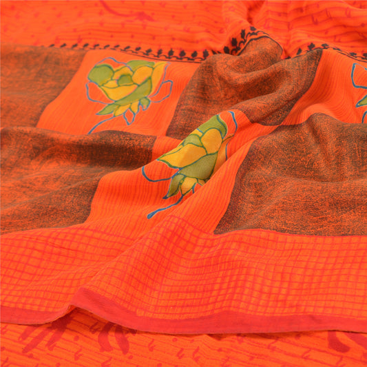 Sanskriti Vintage Orange Sarees Pure Crepe Silk Printed Sari Craft Sustainable Fabric
