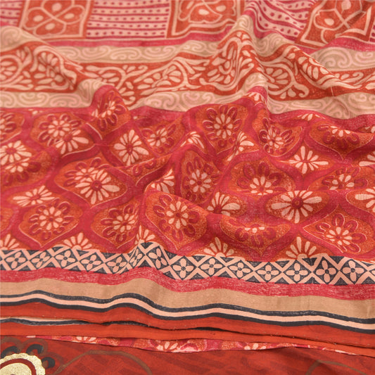 Sanskriti Vintage Dark Orange Sarees Pure Crepe Silk Printed Sari Craft Sustainable Fabric