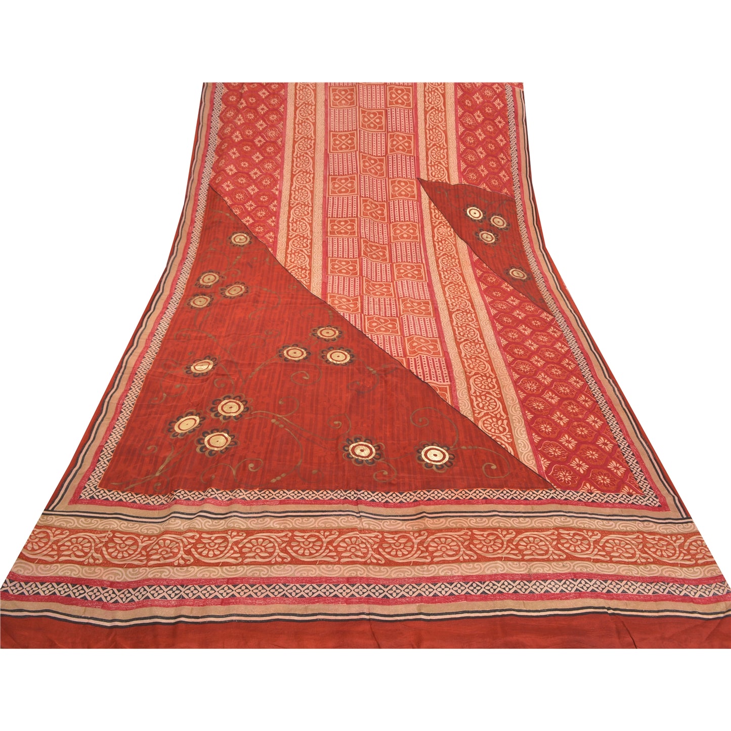 Sanskriti Vintage Dark Orange Sarees Pure Crepe Silk Printed Sari Craft Sustainable Fabric