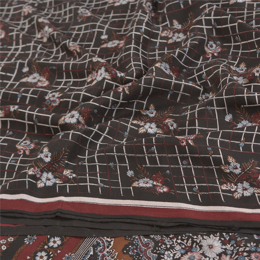 Sanskriti Vintage Black Sarees Pure Crepe Silk Printed Sari Craft Sustainable Fabric