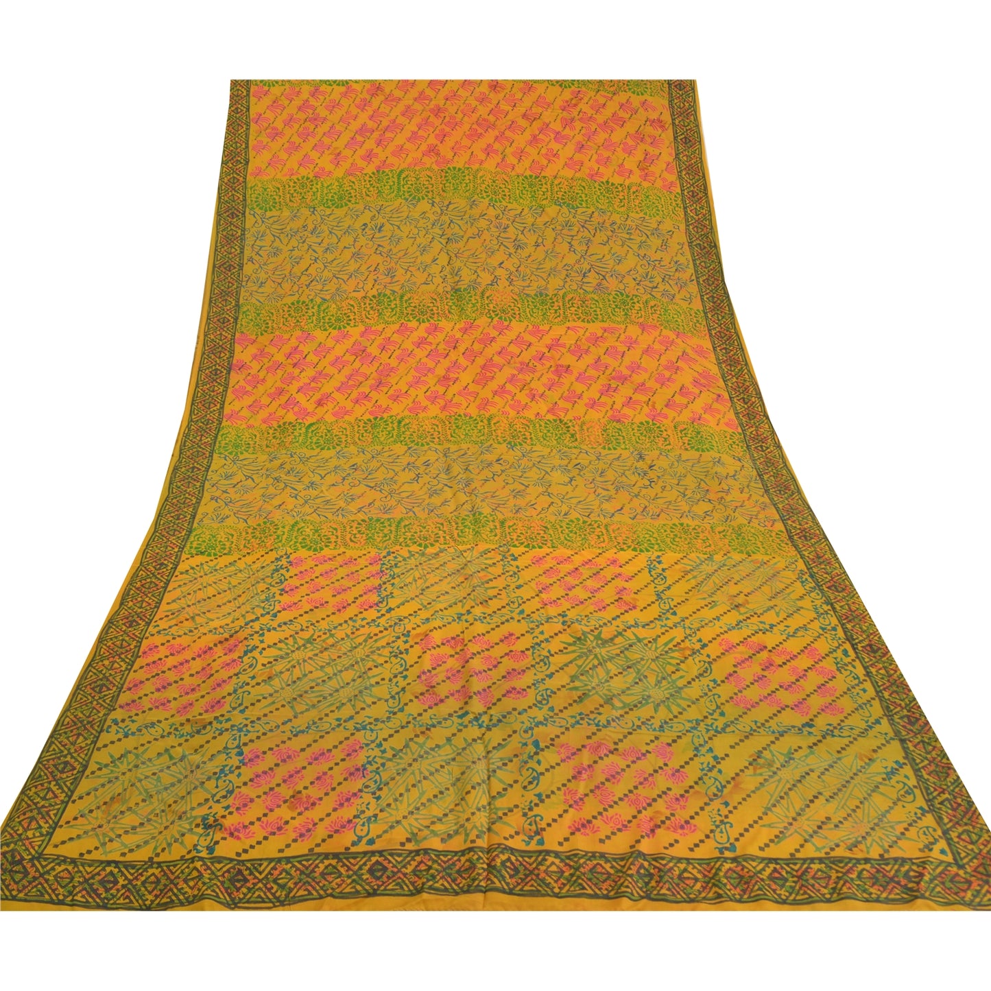 Sanskriti Vintage Mustard Sarees Pure Crepe Silk Printed Sari Craft Sustainable Fabric