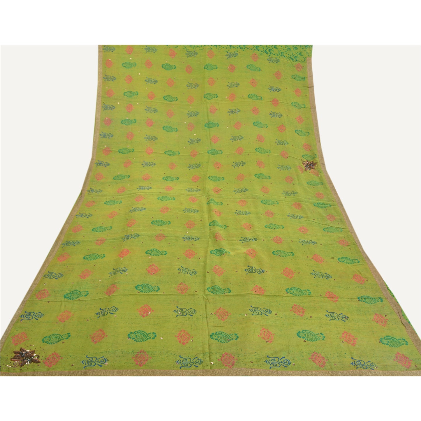 Sanskriti Vintage green Sarees Pure Crepe Silk Printed Sari Sequins Craft Sustainable Fabric