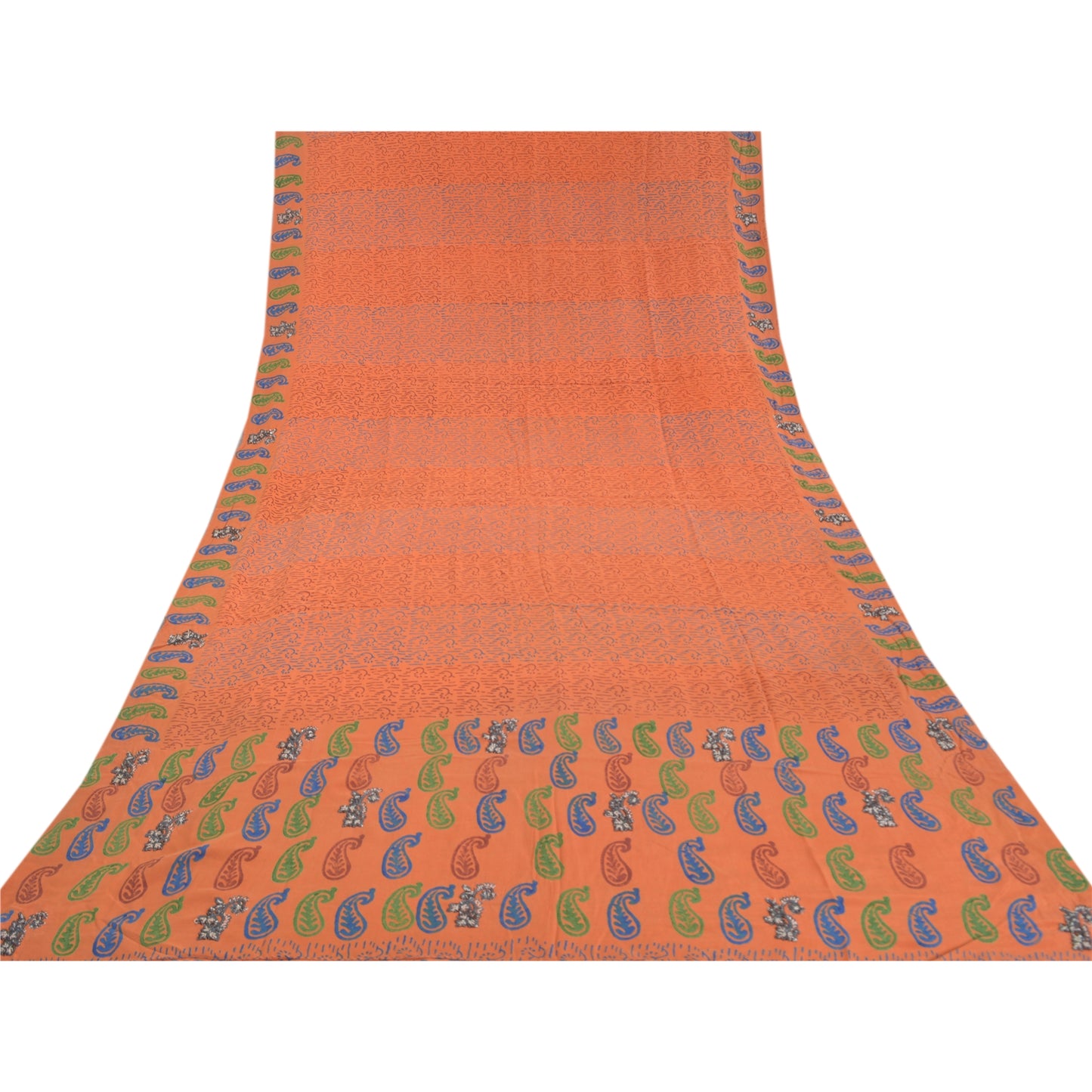 Sanskriti Vintage Orange Printed Hand Beaded Sarees Pure Crepe Silk Sari Sustainable Fabric