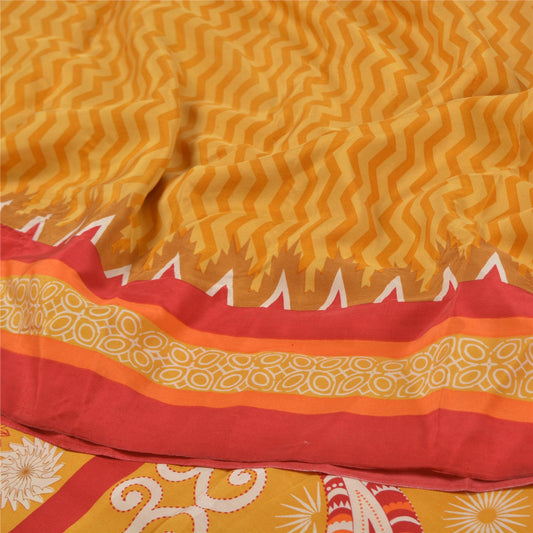 Sanskriti Vintage Mustard Pure Crepe Silk Sarees Printed Sari 5yd Craft Sustainable Fabric