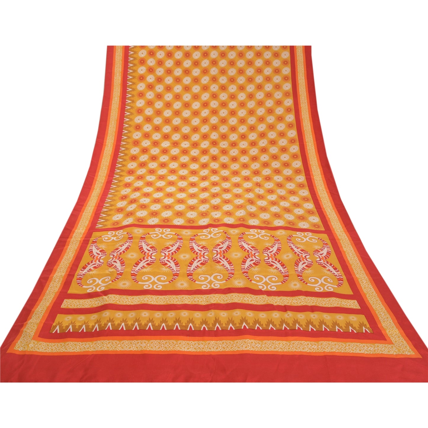 Sanskriti Vintage Mustard Pure Crepe Silk Sarees Printed Sari 5yd Craft Sustainable Fabric