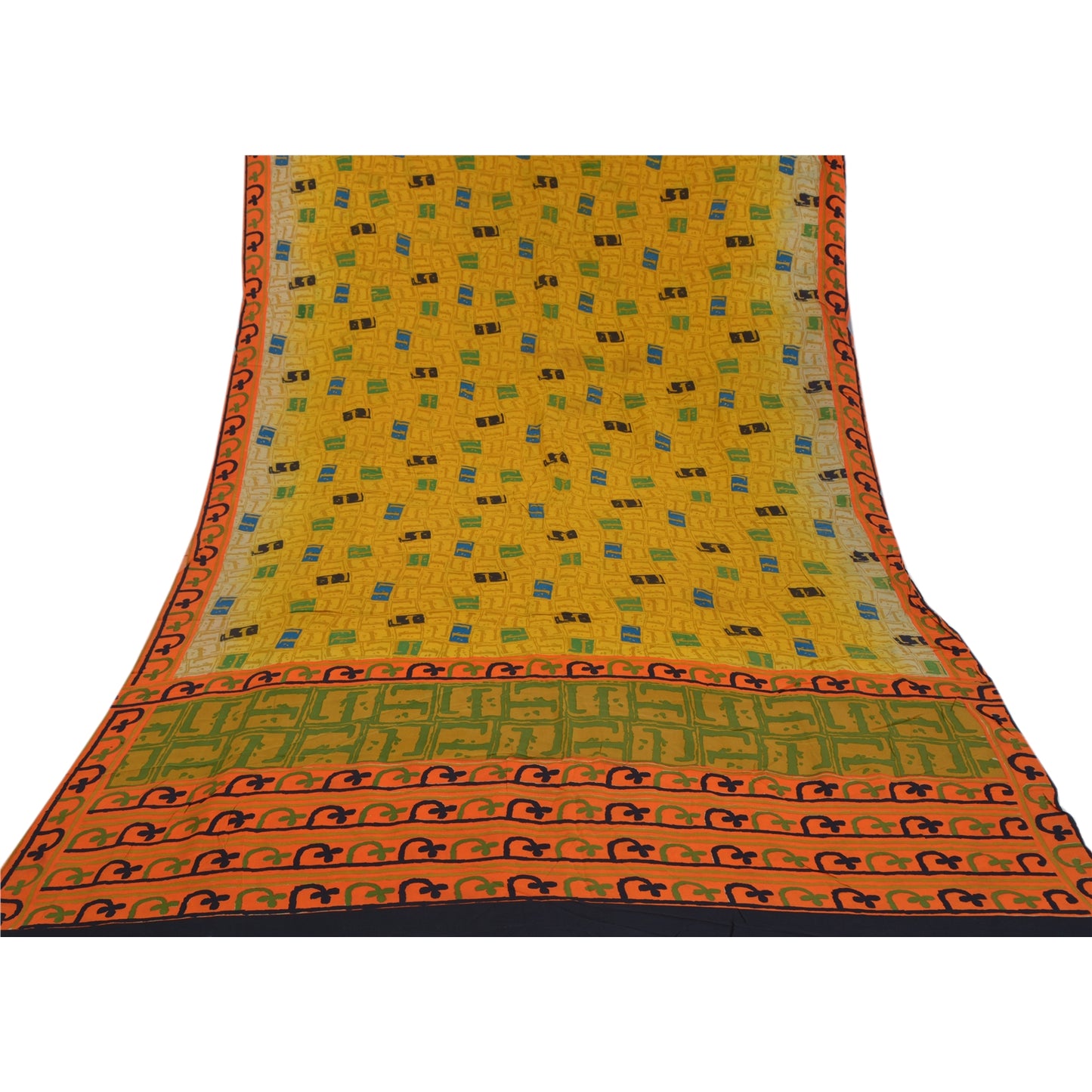 Sanskriti Vintage Sari Mustard Indian Pure Crepe Silk Print Sarees Craft Sustainable Fabric