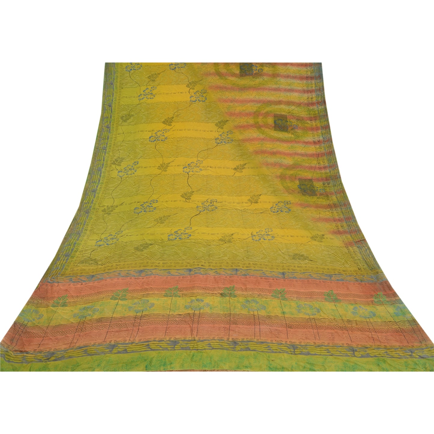 Sanskriti Vintage Green Pure Crepe Silk Sarees Printed Sari Soft Craft Sustainable Fabric