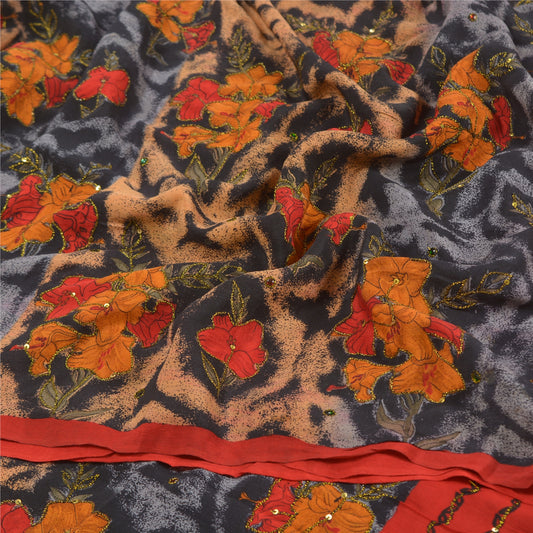 Sanskriti Vintage Black Hand Beaded Printed Sarees Pure Crepe Silk Sari Sustainable Fabric
