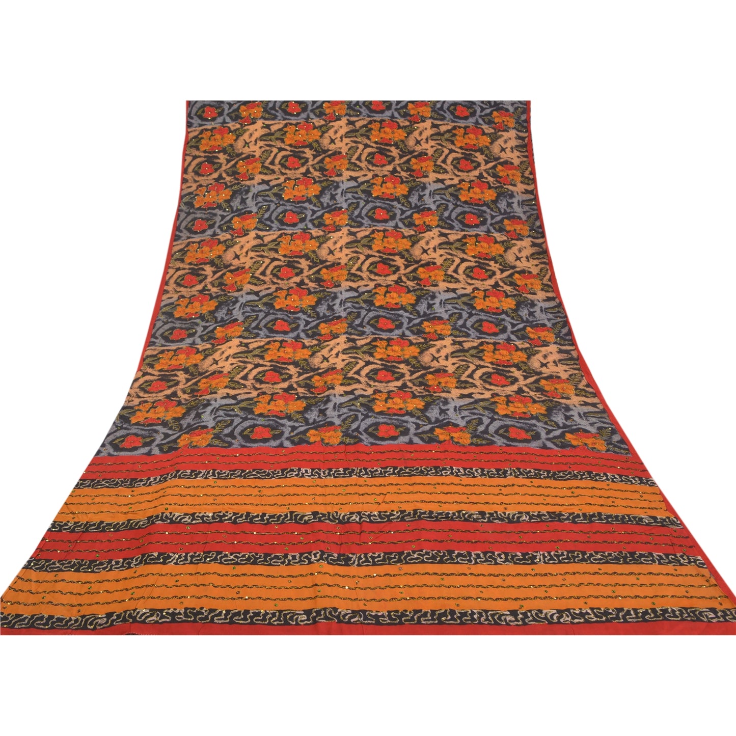 Sanskriti Vintage Black Hand Beaded Printed Sarees Pure Crepe Silk Sari Sustainable Fabric