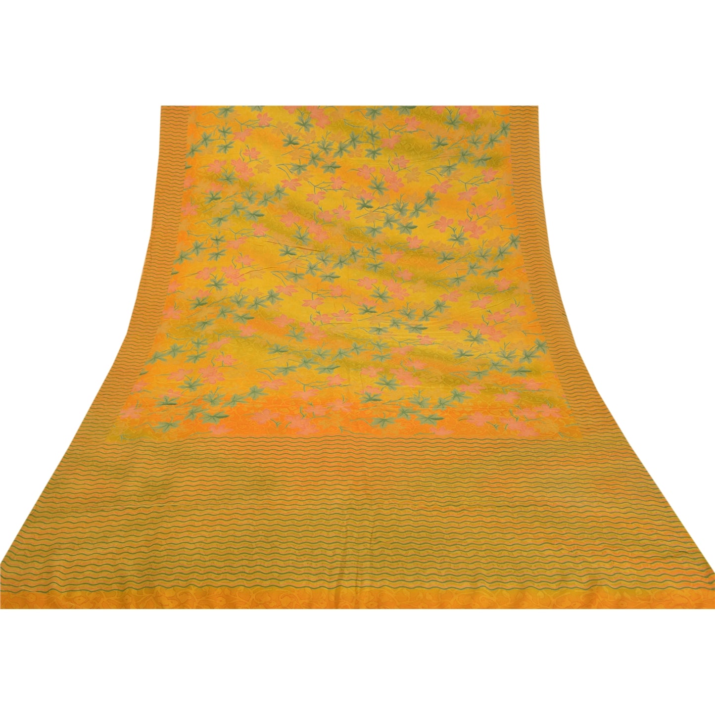 Sanskriti Vintage Green Indian Sarees Pure Crepe Silk Printed Sari Craft Sustainable Fabric